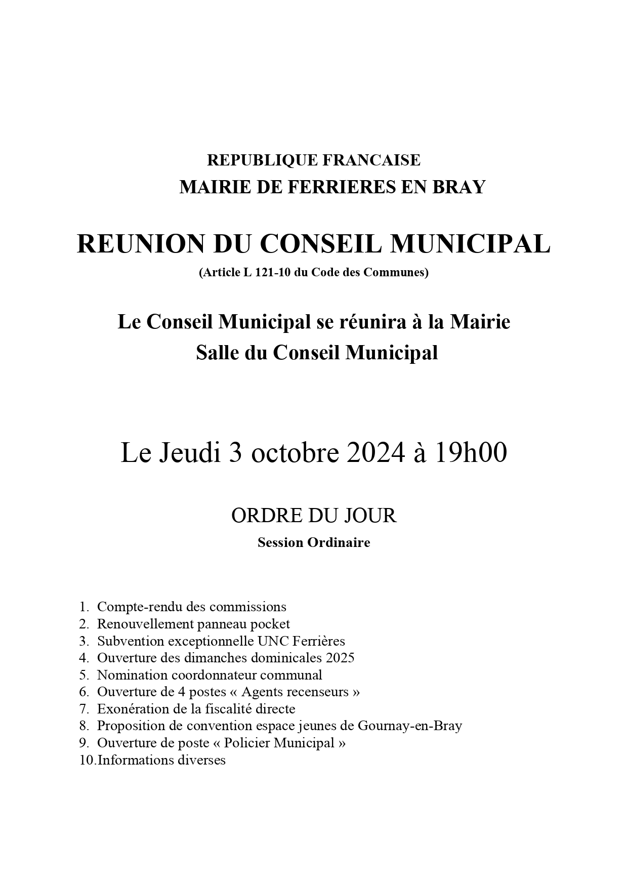 Affiche conseil municipal du 3/10/2024