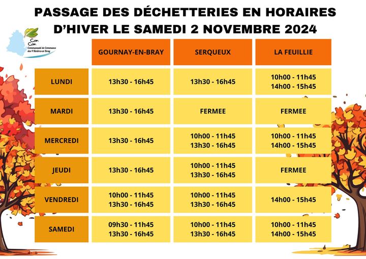 Horaires hiver déchetterie